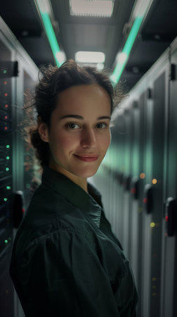 A smiling Hispanic woman IT worker standing in front of a row of servers in a data center.の素材