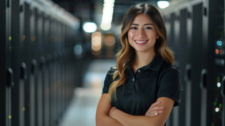 A Hispanic woman IT worker standing confidently in front of a row of servers in a data center.の素材