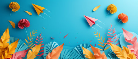 A vibrant blue background features papercraft elements such as leaves and origami airplanes, creating a fun and festive back-to-school design.の素材