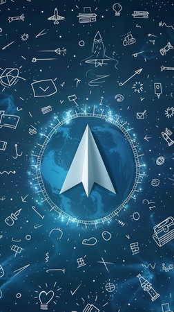 A paper airplane flies over a globe, surrounded by hand-drawn symbols related to back to school supplies.の素材