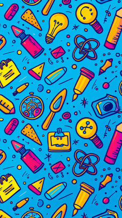 A seamless pattern of colorful cartoon doodles on a blue background representing various school supplies like pencils, rulers, compasses, and light bulbs.の素材