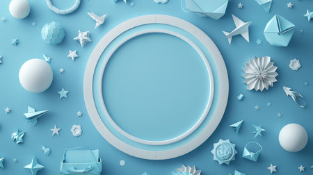 A flat lay of a paper airplane and school supplies doodles on a blue background.の素材