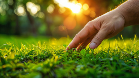 A closeup of a hand reaching for something in the grass.の素材