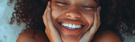 An African American woman with freckled hair smiles and holds her hands to her face in a closeup portrait.の素材