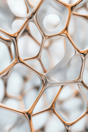 Intricate microscopic structure of nano material with organic cellular pattern and metallic golden lattice.の素材