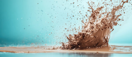 Brown particles explode and splash against a light blue backdrop, suggesting microscopic movement and interaction within advanced material science..の素材