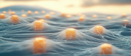 Tiny glowing spheres covered in fine fibers, microscopic material surface, abstract science background..の素材