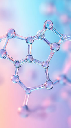 Tiny molecular structure with glowing balls connected by transparent rods against a soft gradient background..の素材