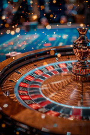 A roulette wheel spins rapidly in a busy casino, the ball bouncing around the numbered slots as gamblers eagerly watch.の素材