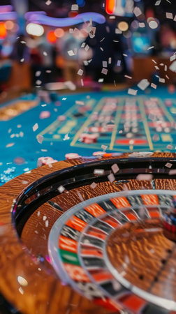 A close-up of a roulette wheel spinning, with confetti falling in the foreground and blurred casino patrons in the background.の素材