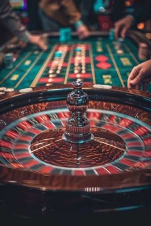 A close-up of a casino roulette wheel spinning with blurry figures of people in the background.の素材