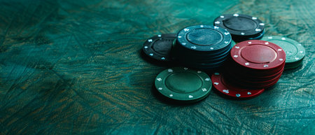 Stacks of blue, red, and green casino chips sit on a green felt table.の素材