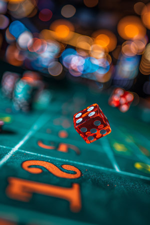 A red dice rolls over a green felt table, landing near the number 12. A blurry casino backdrop features twinkling lights and other dice.の素材