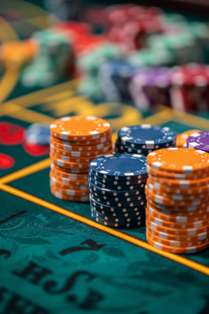 Stacks of colorful casino chips, including orange, blue, and purple, sit on a green felt gaming table.の素材