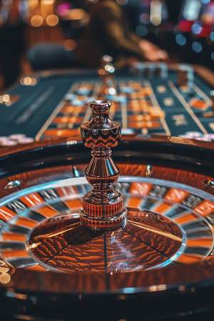 A close-up shot of a roulette wheel with the ball spinning around the track. The wheel is surrounded by a dark green felt gaming table, and blurry figures are visible in the background.の素材