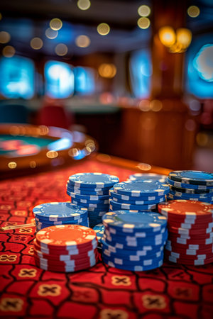 Stacks of blue and red chips sit on a red felt gaming table with a blurred casino in the background.の素材