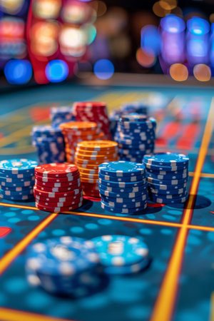 Stacks of casino chips in red, blue, and orange sit on a blue felt table, with a blurred background of slot machines.の素材