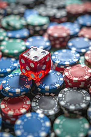 A single red dice sits atop a pile of blue, red, and black casino chips.の素材