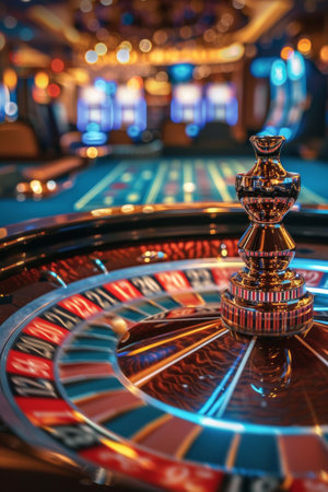 A roulette wheel spins with the ball in motion, ready to land on a winning number.の素材