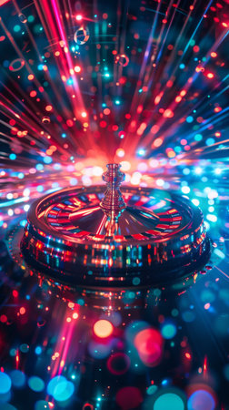 A close-up of a casino roulette wheel with bright lights reflecting off the wheel.の素材