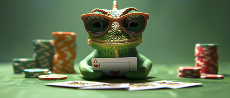 A green lizard figurine with sunglasses holds an ace of hearts playing card at a casino table with stacks of chips.の素材
