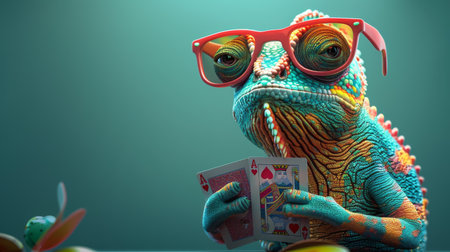 A chameleon wearing red sunglasses holds two playing cards in its hands.の素材