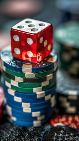 A single red die rests on top of a stack of casino chips. Other chips are visible in the background.の素材