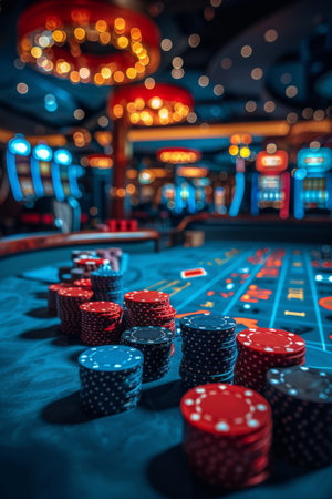 Stacks of red and blue casino chips sit on a felt-covered gaming table. Blurry lights of slot machines and other tables can be seen in the background.の素材