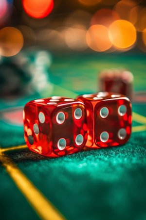 Two red dice lay on a green felt casino table. One die shows a five and the other a four. The dice are blurry in the background.の素材