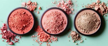 Three face powder compacts with different colored powders arranged in a row on a green surface. Powder spills out from each compact.の素材