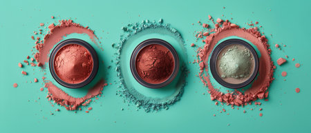 Three face powder compacts, each with different colored powder, are arranged in a row on a teal background.の素材