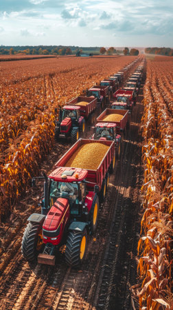 Tractors are seen driving down a corn field, each filled with harvested corn.の素材