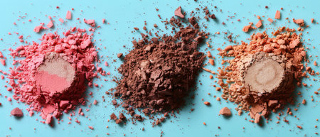 Three face powder samples are crushed and scattered on a blue surface. The samples are in pink, brown, and peach colors.の素材