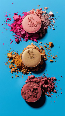 Three face powder compacts of different colors are arranged vertically on a bright blue background. The powder compacts are slightly crushed, with some powder scattered around them.の素材
