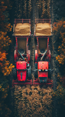 Two red combine harvesters drive through a field of corn, harvesting the crop.の素材