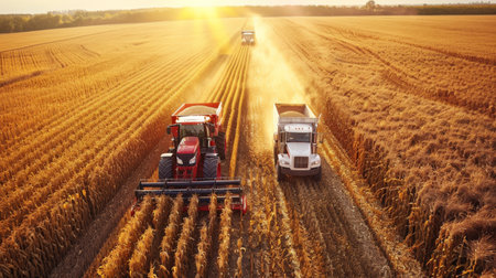 Tractors and trucks are harvesting grain in a large field during sunset.の素材