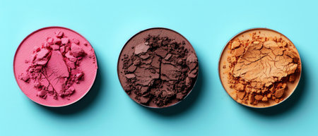 Three round containers of face powder, each containing a different color, are arranged in a row on a blue background.の素材