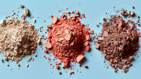 Three face powder samples in different shades are displayed on a light blue background.の素材