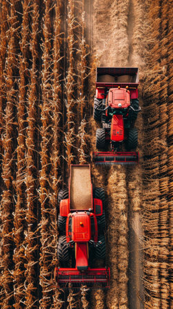 Two red tractors with large trailers are harvesting corn in a field. The tractors are driving in rows, and the field is brown and dry.の素材