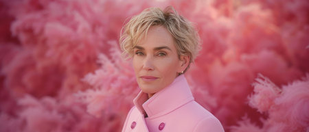 A woman with short, blonde hair, wearing a pink coat, stands in front of a soft pink background.の素材