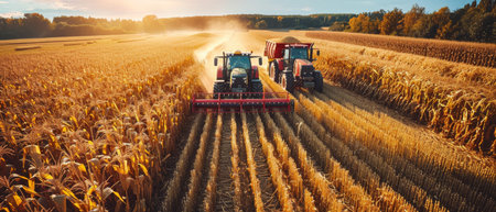 Two tractors harvest corn in a field at sunset. The sun shines brightly in the background, casting a golden glow on the field.の素材