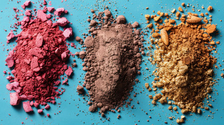 Crushed face powder samples in pink, brown, and gold hues are scattered on a blue surface.の素材