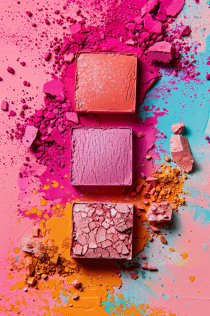 Three face powder compacts are arranged vertically on a background of orange, pink, and blue. The powder has been crushed and spread out, creating a colorful, abstract design.の素材