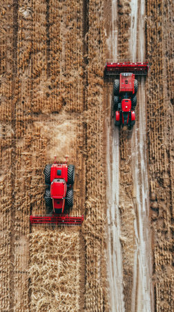 Two red tractors harvest crops in a field, seen from above.の素材