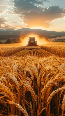 A combine harvester works through a field of golden wheat, kicking up dust as the sun sets in the distance.の素材
