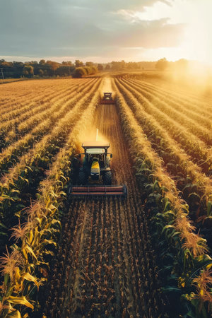 Tractors harvest corn in a field during sunset.の素材