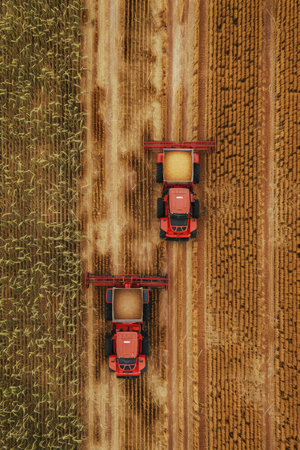 Two combines harvest wheat in a field, viewed from directly above.の素材