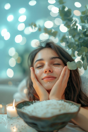A woman enjoys a calming massage in a serene spa, surrounded by candles and eucalyptus, enhancing her ultimate relaxation experience.の素材