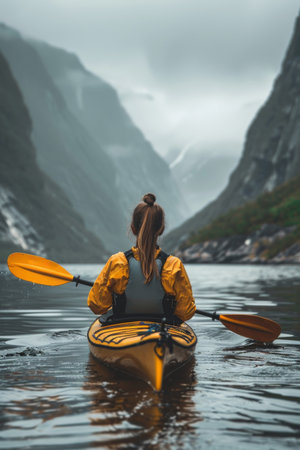 A woman navigates the tranquil waters of Norway's fjords, surrounded by towering cliffs and dramatic landscapes.の素材