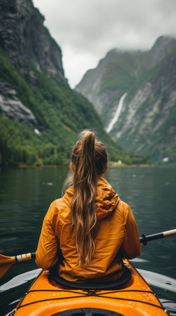 A woman paddles her kayak through the stunning fjords of Norway, surrounded by towering cliffs and lush greenery, appreciating the serene beauty of nature.の素材